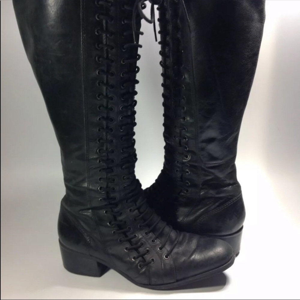 Black leather triple lace up knee high boots cyber punk combat gothic vintage - Picture 2 of 6